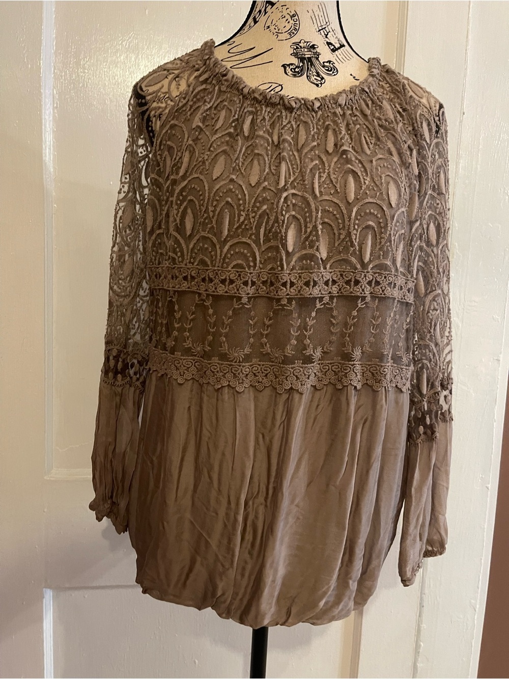 CHARLIE B Taupe Lace-Paneled Long-Sleeve Blouse